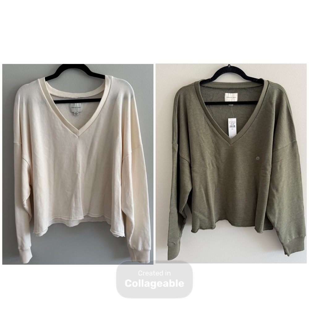 American Eagle V-neck sweater sweatshirts cream and olive green